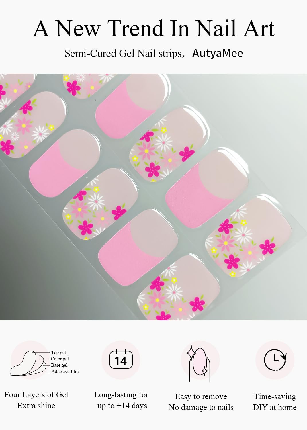 AutyaMee Semi Cured Gel Nail Strips (Pink Flower French), Summer, 20 Pcs Gel Nail Wraps, Stickers, UV Light Required, Salon Quality, Long Lasting