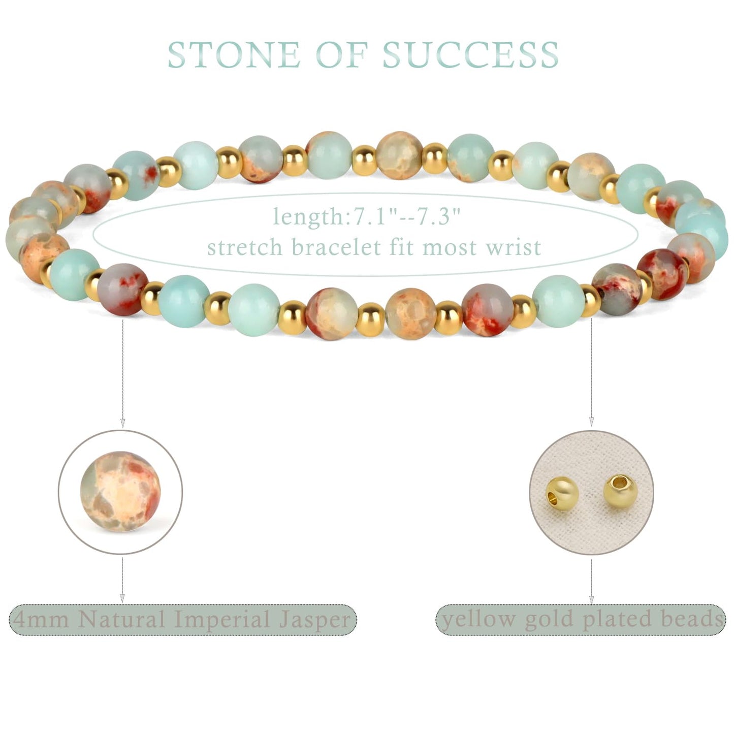 QOGIR Imperial Jasper - Stone of Success - 14K Gold Plated Beads Natural Gemstone Stretch Elastic Dainty Healing Beaded Bracelets Gifts 4mm