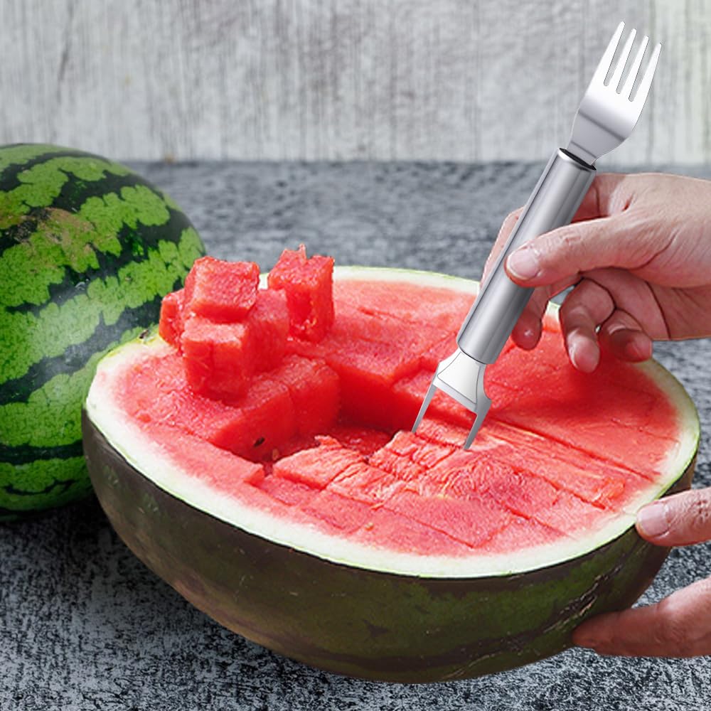 2PCS 2-in-1 Stainless Steel Fruit Cutter, 2026 Upgraded Dual Head Watermelon Fork Slicer Cutters Tool, Summer Watermelon Fork Cutter Slicers Tool Home Kitchen Gadgets (2)
