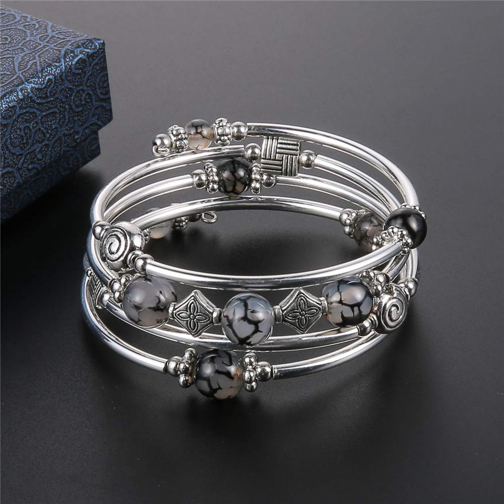 Beaded Pearl Bangle Wrap Bracelet - Fashion Bohemian Jewelry Multilayer Charm Bracelet with Thick Silver Metal Beads, Gift For Women(Grey)