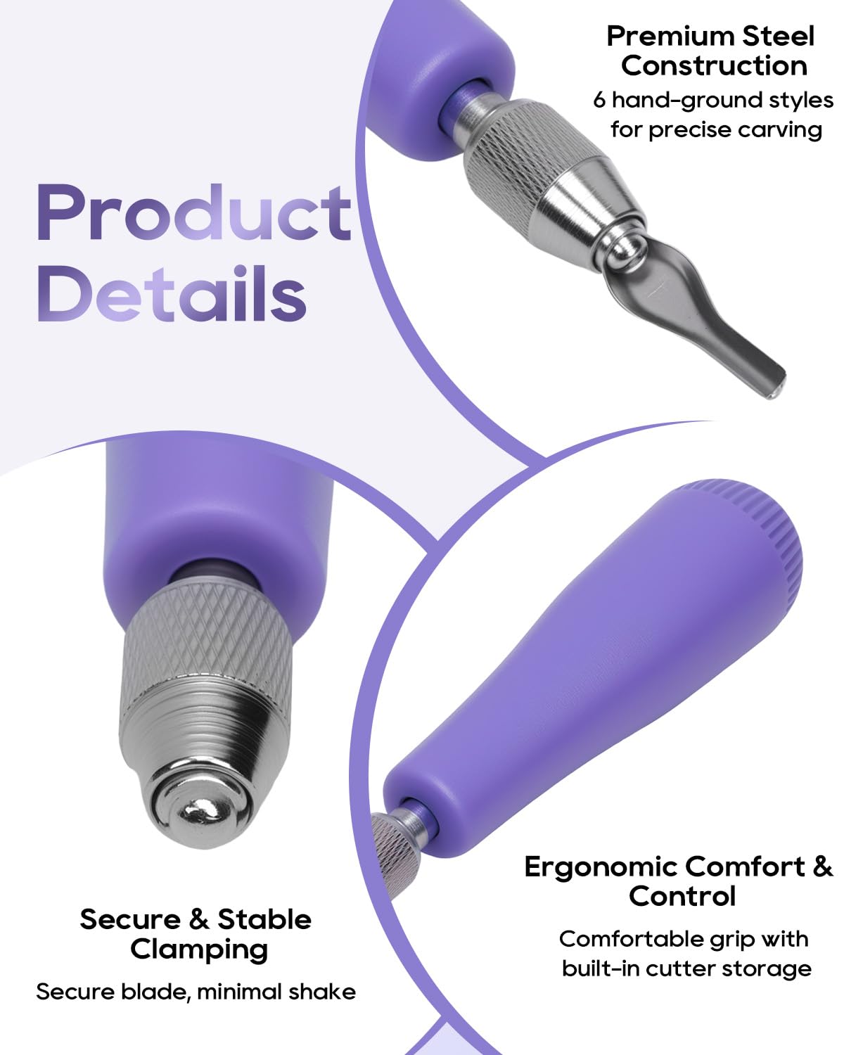 UCEC Linocut Carving Tools Linoleum Cutter Assortment for Block Printing Lino Cutting Tools for DIY Rubber Stamp Carving Kit & Beginners 6 Blades Universal Size Purple With A Brayer Roller(4 Inch)
