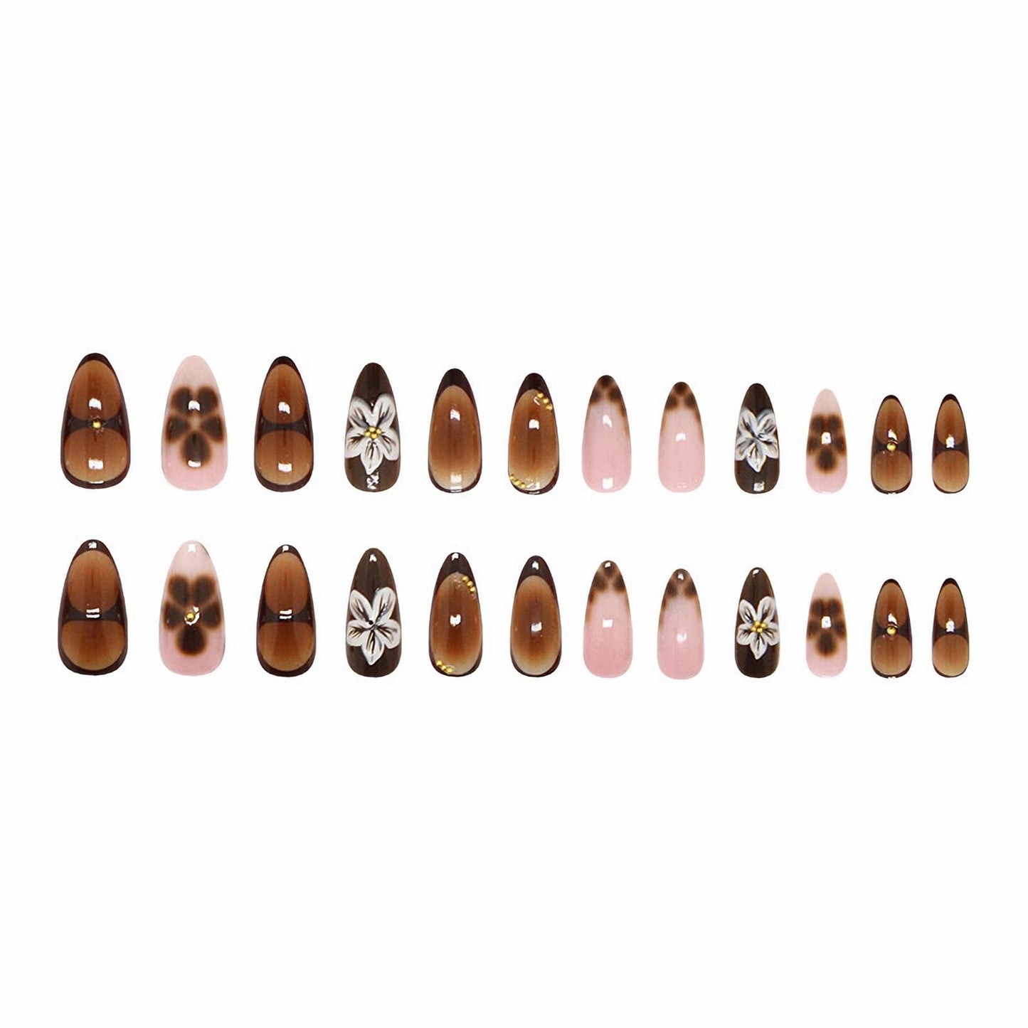 MISUD Press on Nails - Medium Almond Fake Nails with Fall Brown, Acrylic Autumn Flower Design 24 pcs