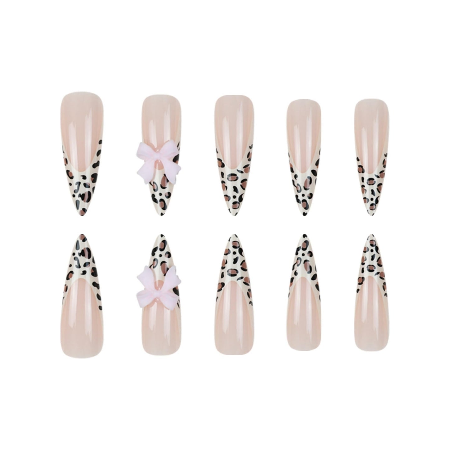 SEENEEY Long Press on Nails Stiletto Fake Nails Leopard Artificial Nail Pink Bow Designs Cute Stick on Nail for Women 24pcs