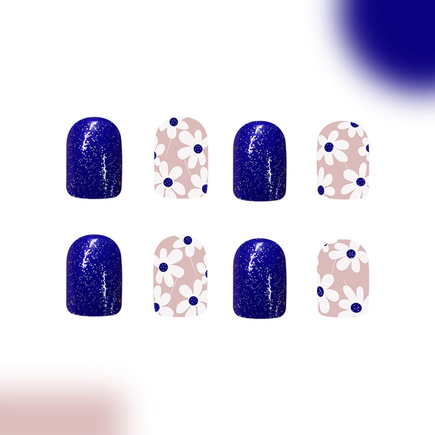 Short Press on Nails Square Fake Nails with navy blue Glitter Designs Cute Flower Nails Press ons Spring Summer False Nails Reusable Full Cover Floral Glue on Nails for Women Spring Nail Art Decor