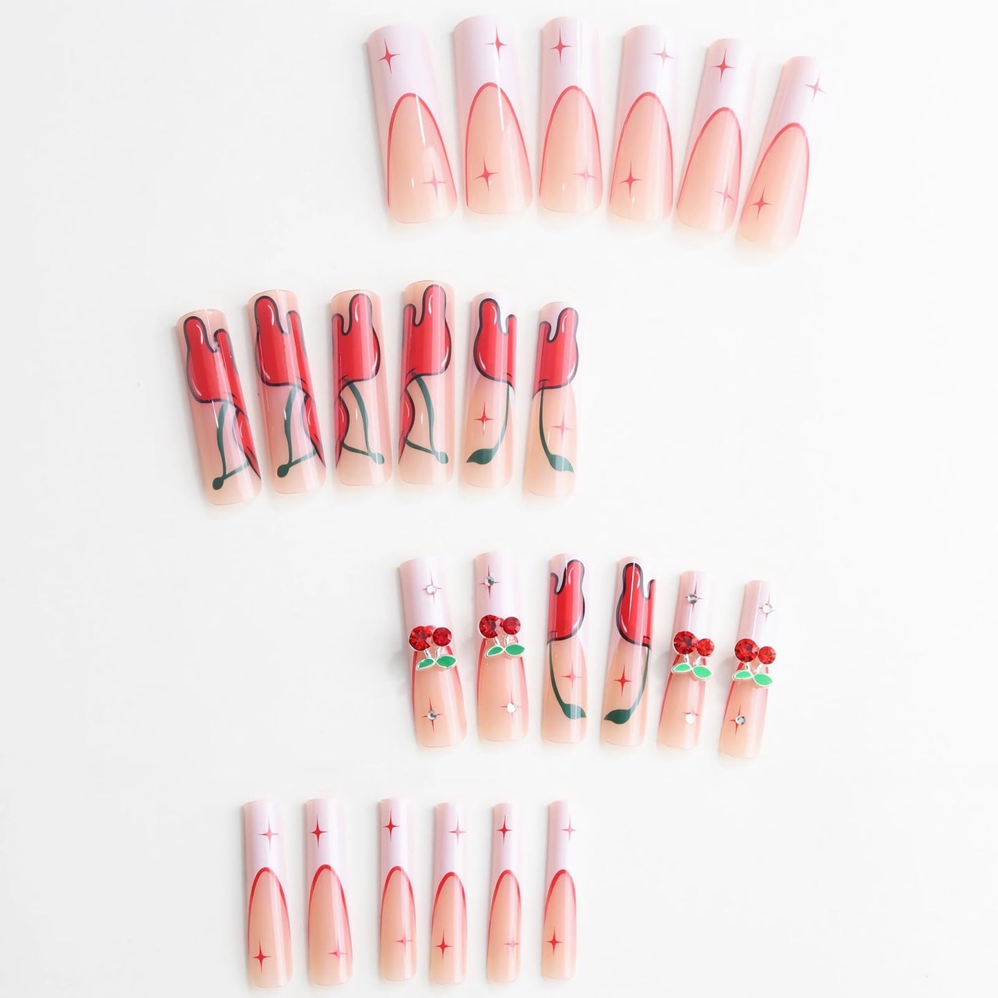 MISUD Press on Nails - Extra Long Square Glue on Nails with White French Tip, Acrylic Cherry Rhinestone Design 24 pcs