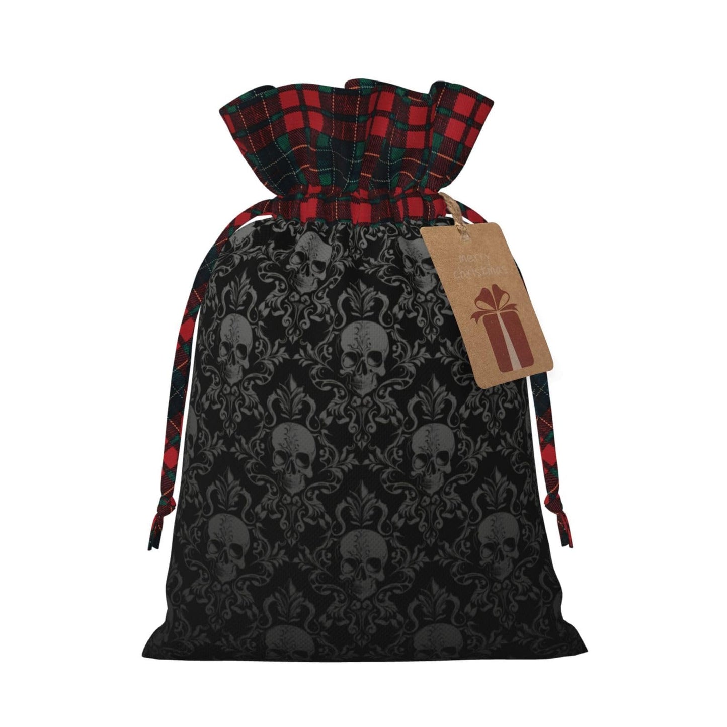 PVTIONXIE Gothic Black Skull Christmas Gift Bags with Drawstring, Reusable Gift Wrapping Bags For Xmas Holiday