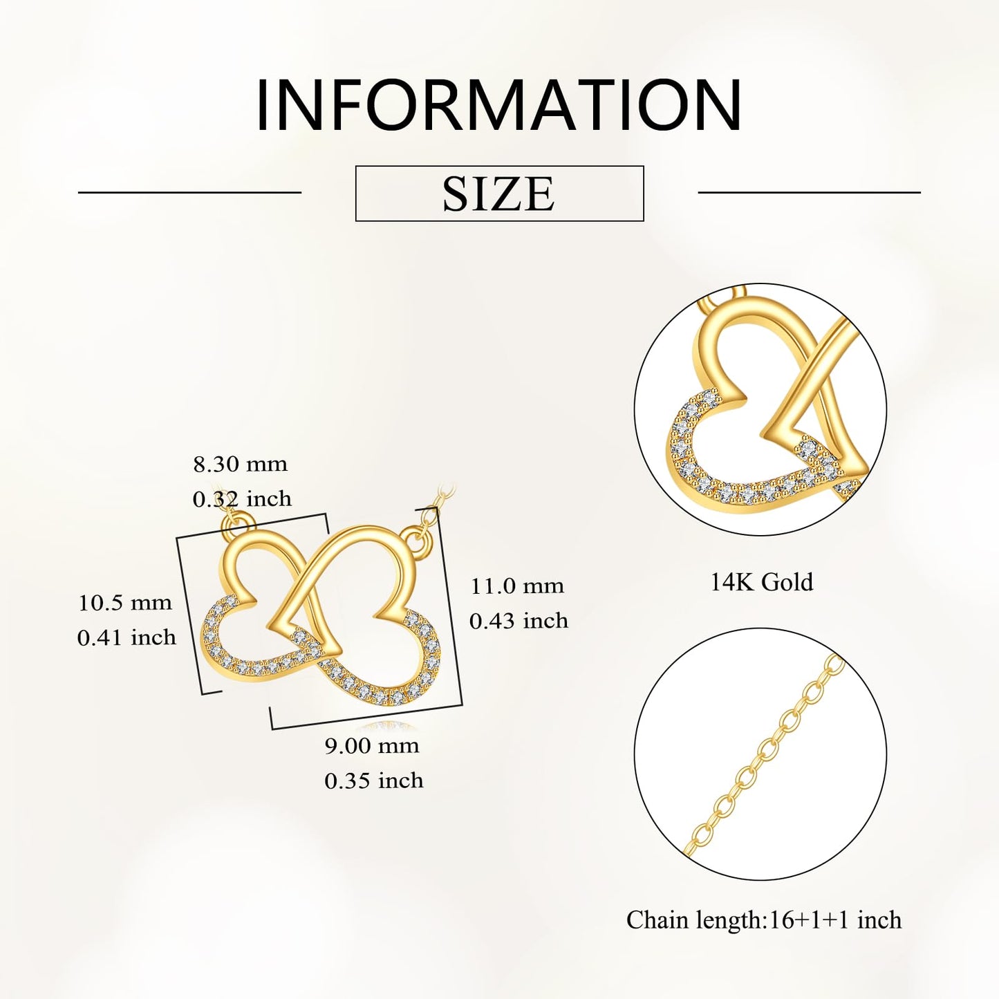 DOVRAN 14K Solid Gold Double Heart Necklace Heart Pendant Jewelry Gifts for Men Women