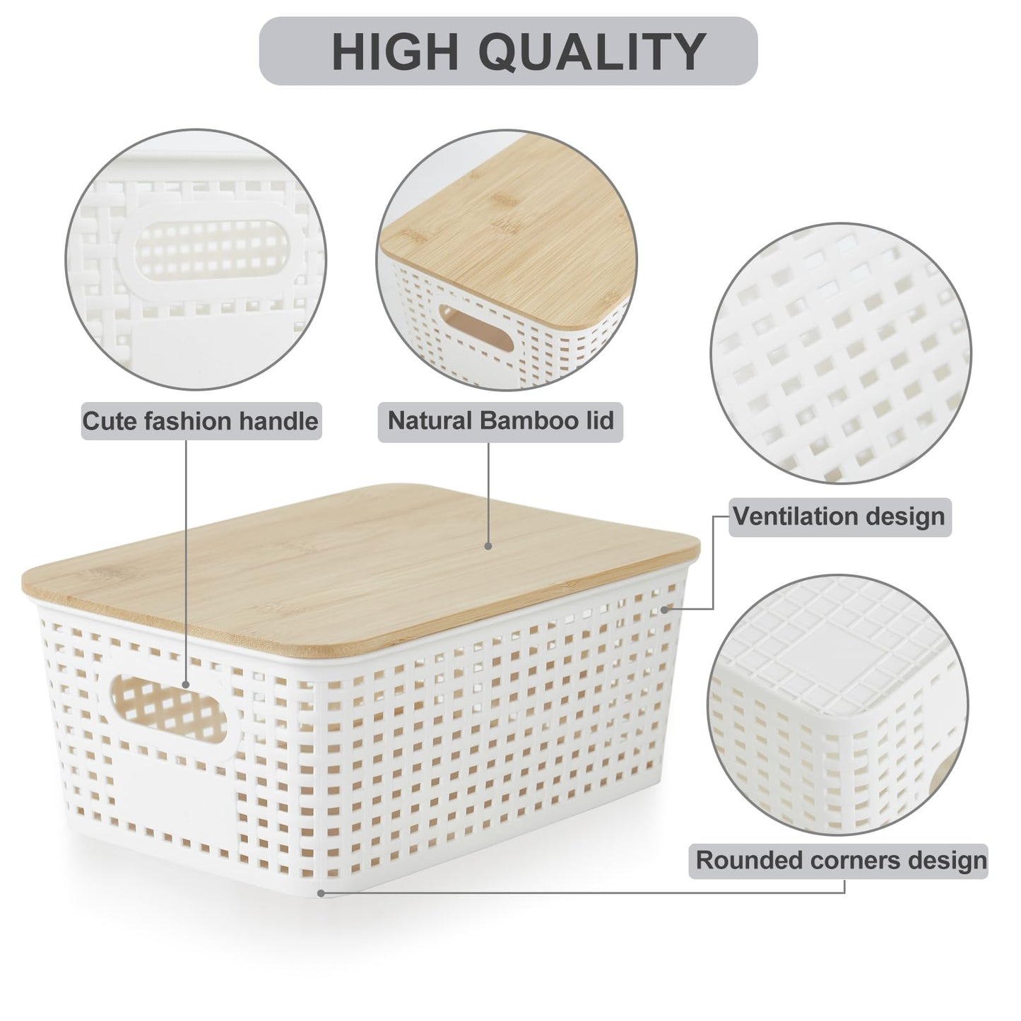 Bagnizer Small Plastic Storage Bins with Bamboo Lids 5.2qt Stackable Box Basket Pantry Decorative Containers Cute with Labels for Organizing Desktop Closet Office Cream White of 6 packs 10*7.2*4.1"