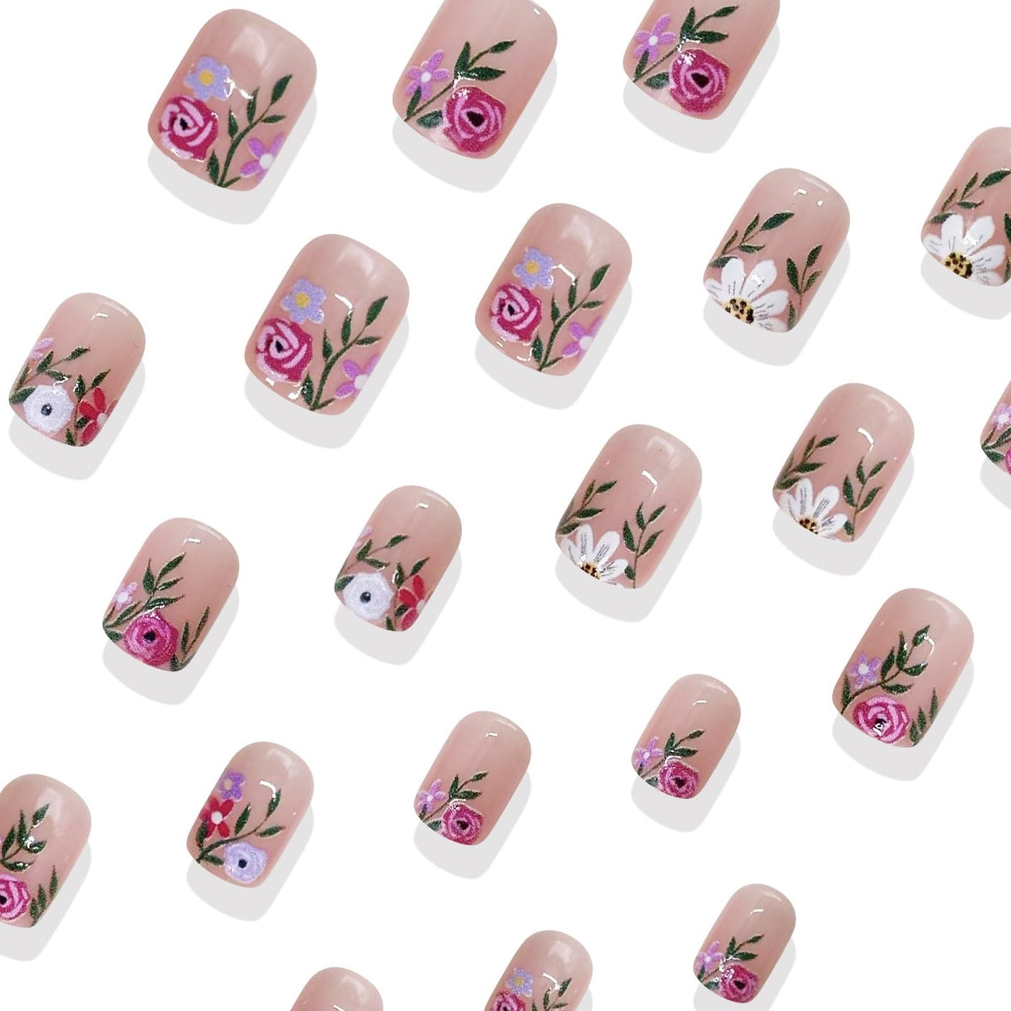 IMSOHOT Press on Nails Short Square Fake Nails Flower French Tips Glossy Nude Acrylic False Nails for Women Summer Stick on Nails 24Pcs