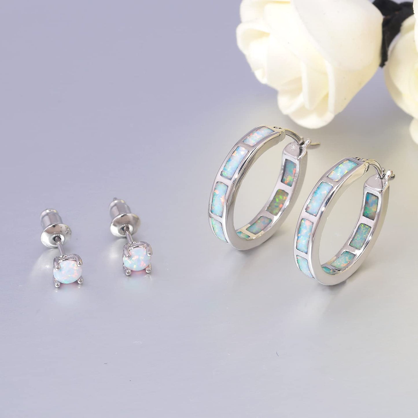 CiNily 2 Pairs Hoop Earring Set for Women Blue Opal Small Hoop Earring Silver Plated Hypoallergenic Opal Stud Earrings