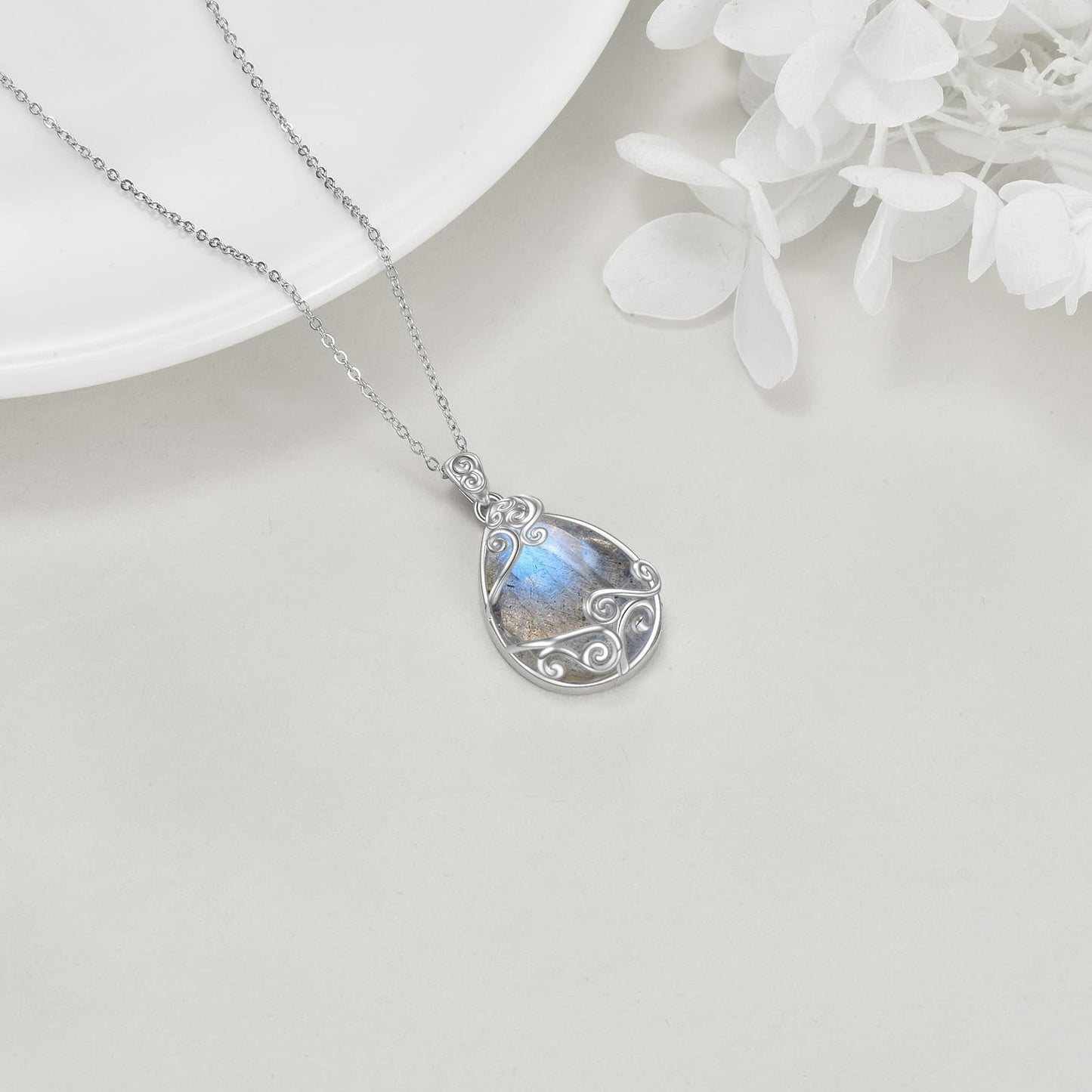 YAFEINI 925 Sterling Silver Labradorite Filigree Teardrop Pendant Necklace for Women