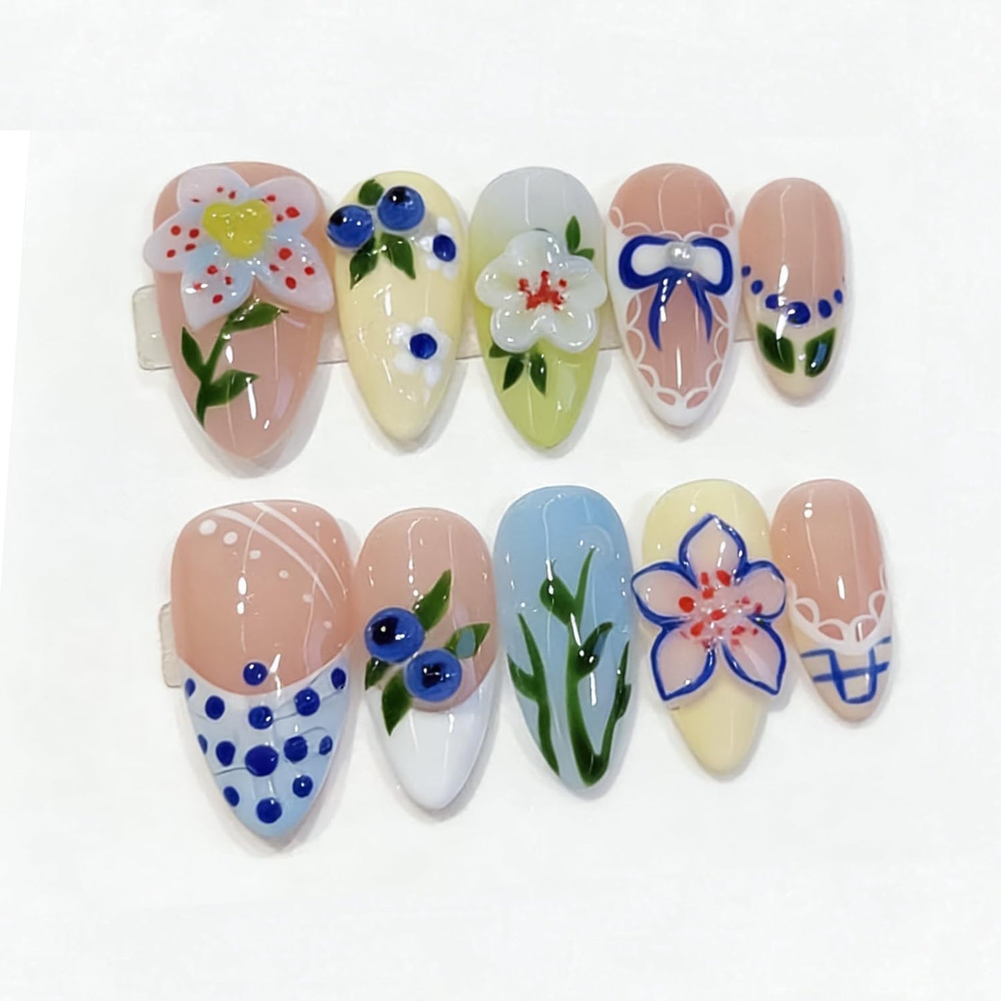 Handmade Press On Nails – Short Almond False Nails for Women, Reusable Acrylic with Bow& 3D Blueberry Design – Salon Quality Fake Nails（S）