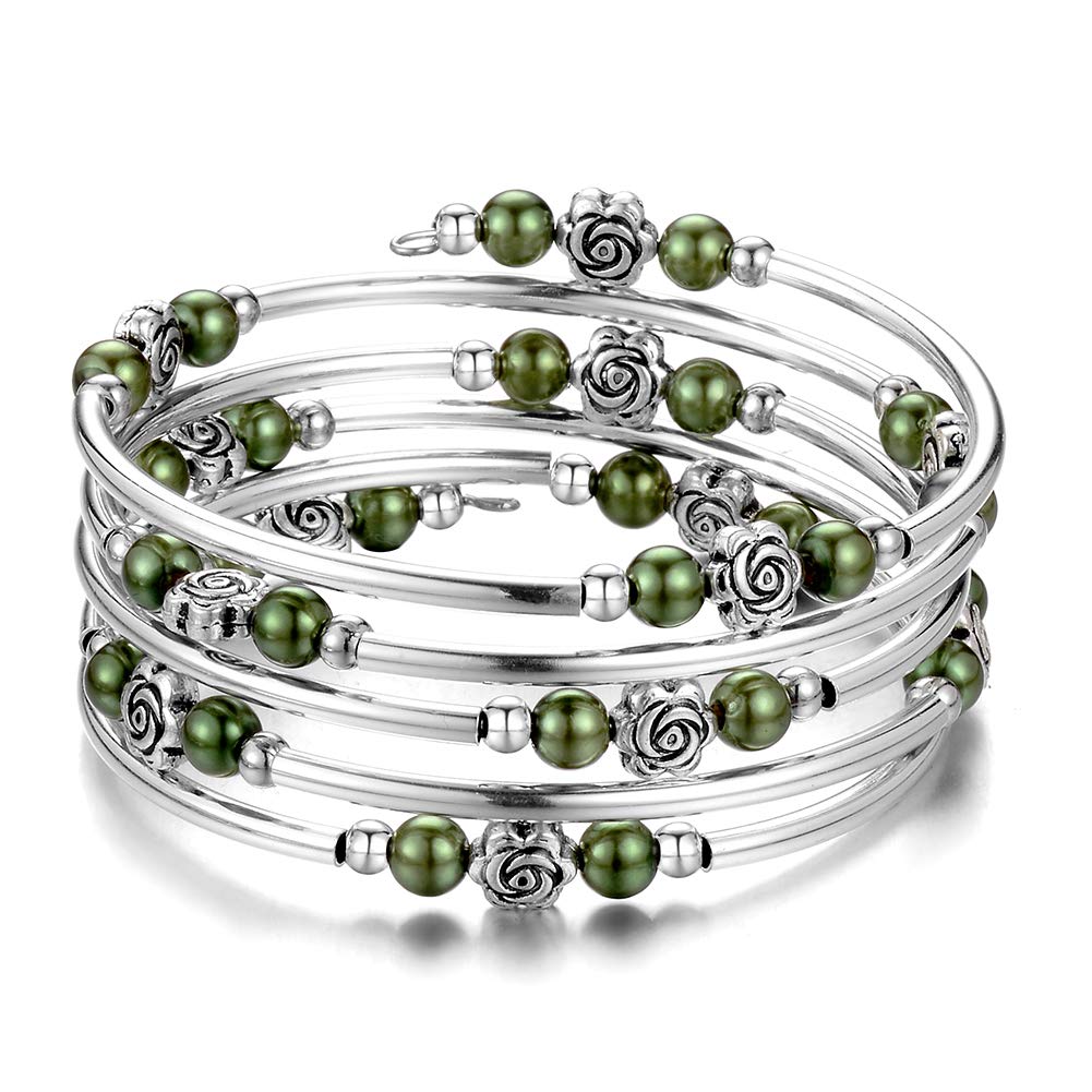 BULINLIN Wrap Bangle Rose Bead Bracelet - Beaded Bracelet with Natural Agate Stone Gifts For Women(01-Olive green pearl)
