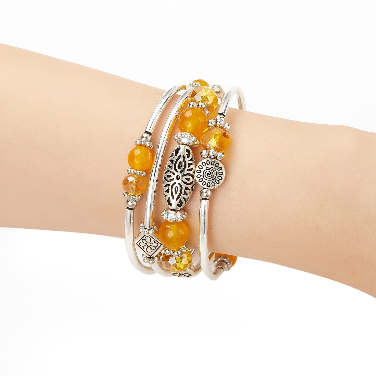 FULU AUTUMN Stackable Beaded Bracelets for Women Boho Wrap Silver Bracelet Layered Fashion Jewelry Gifts for Her(Yellow)