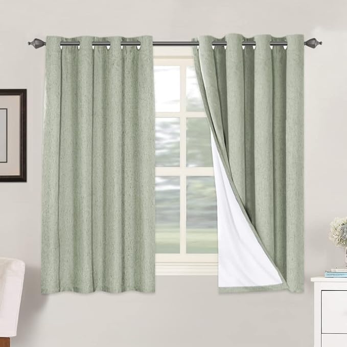 H.VERSAILTEX Linen Blackout Curtains 54 Inches Long 100% Absolutely Blackout Thermal Insulated Textured Linen Look Curtain Draperies Anti-Rust Grommet, Energy Saving with White Liner, 2 Panels, Sage