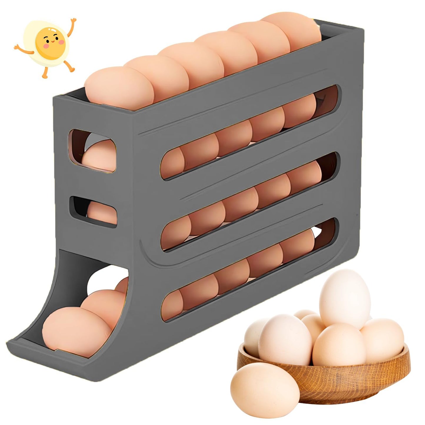 Jofarstep Egg Holder for Fridge, 4 Tiers Dispenser, 30 Egg Container Refrigerator, Large Capacity Organizer Automatic Fridge Rolling Egg Container for Pantry Countertop (Grey)