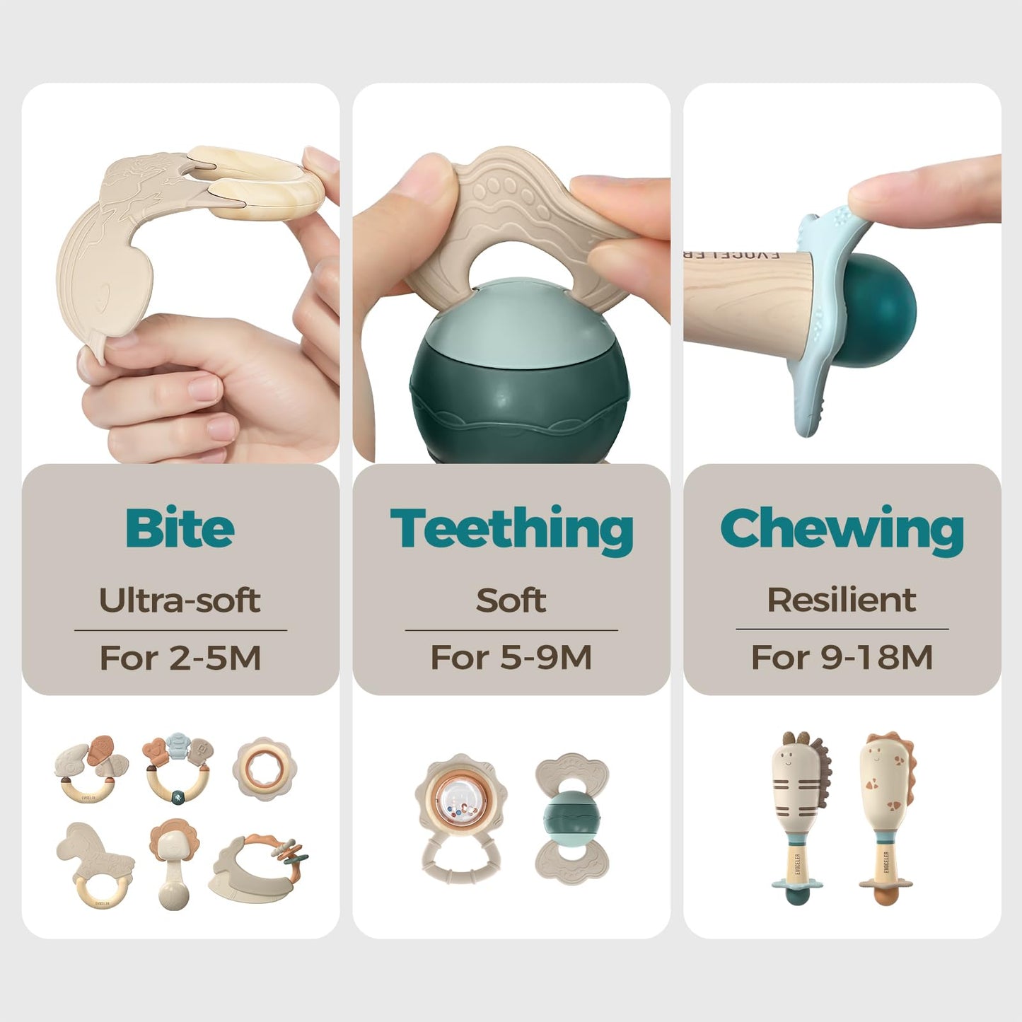 Evoceler Softness Staged Baby Teething Toys with Rattles for 0-6 Months (30° Super Soft, 50° Soft, 70° Regular) -10 Pcs Shaker Toys, Food-Grade Silicone Teethers for Babies 0-18+ Months, BPA Free
