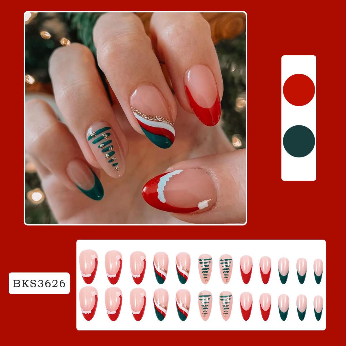 Christmas Almond Press on Nails Medium French Tip Fake Nails with Tree Designs Red Hat Tip Christmas Stick on Nails Gold Line Christmas Glue on Nail Full Cover Glossy False Nails for Women