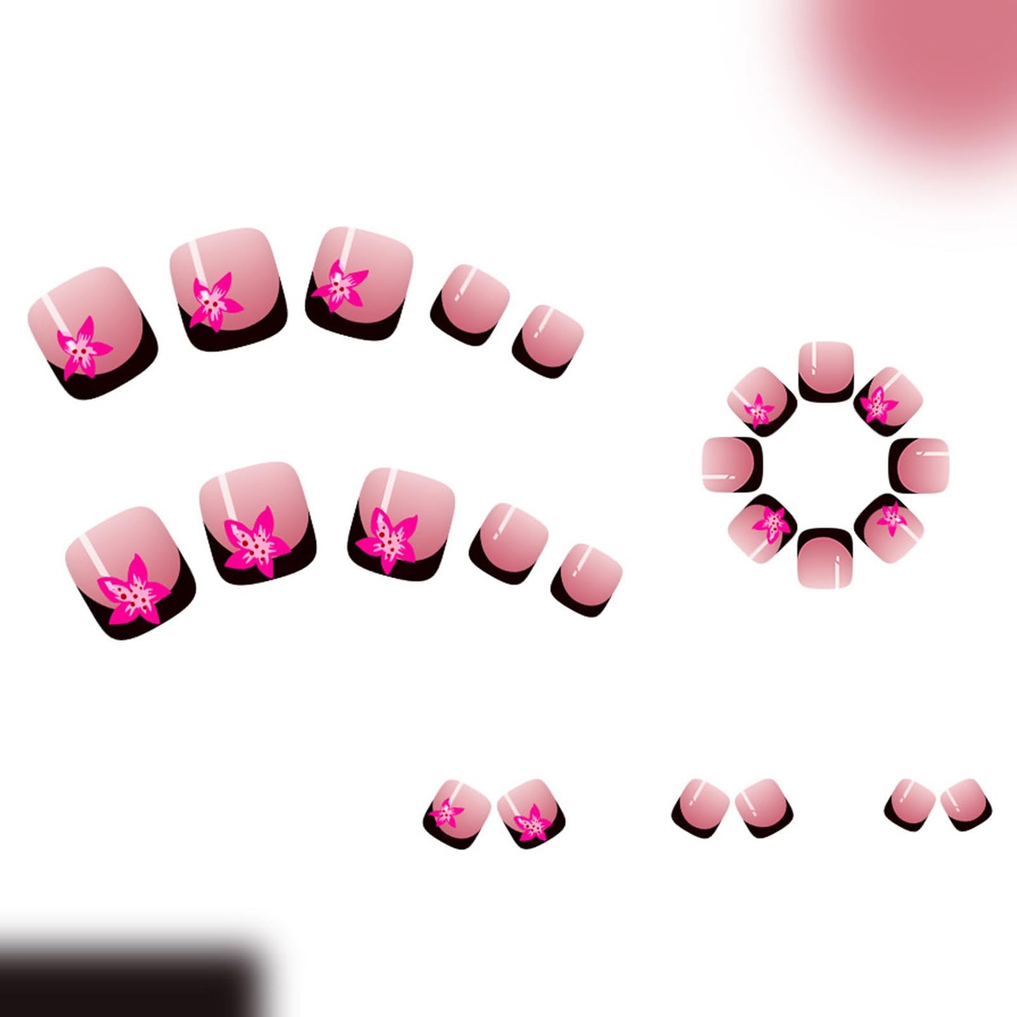 Black French Tip Press on Toenails Short Square Fake Toe Nails with Pink Flower Design Acrylic Toe Nail Press ons Glossy Summer False Toenails Stick on Toe Nails for Coquette Women 24Pcs