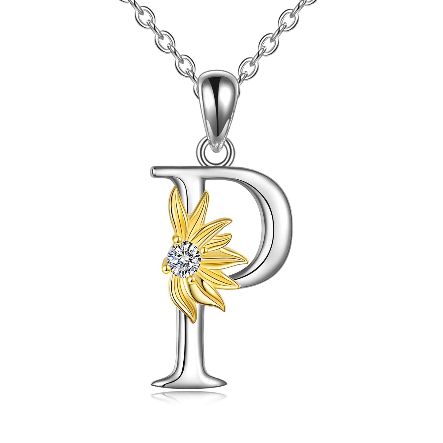POPLYKE Sterling Silver Initial Alphabet Letter Script Name Pendant Chain Necklace for Women for (Sunflower P)
