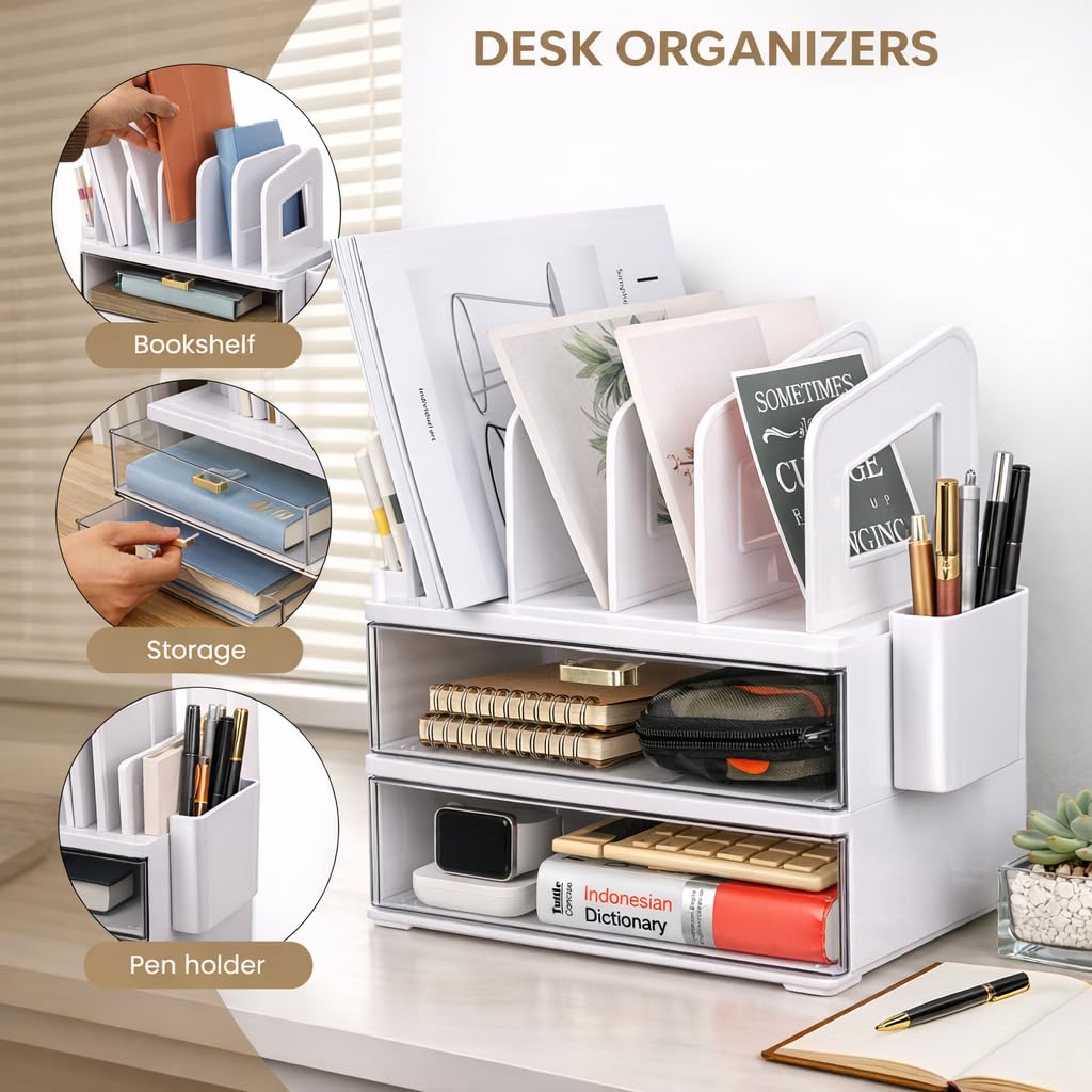 LALOBLUE White Acrylic Desk Organizer with Drawer & File Holder, Stackable Modular Storage System, Multi-Layer Desktop Organizer, Space Saving Desk Organizer for Home Office & Study