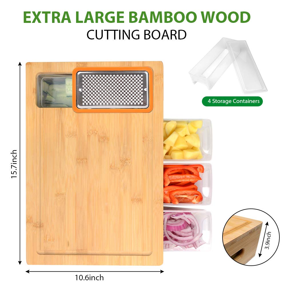 COMELLOW Bamboo Cutting Board with Containers, Lids, and Graters, Large Wood Cutting Board with Containers, Food Dropping Zone, Carving Board with Easy-grip Handle, Juice Groove