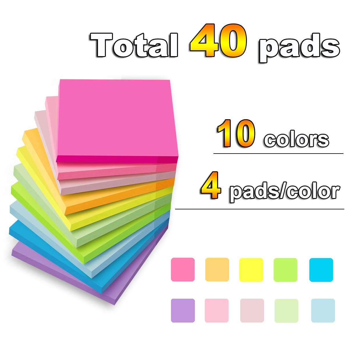 (40 Pads) Sticky Notes 3x3 in,Bright Colors Notepads,Colorful Stickies,Super Sticking Power,Memo Note Pads,Post on Windows Doors,Office,School,Strong Adhesive,Recyclable,Easy to Write on,Hold Well