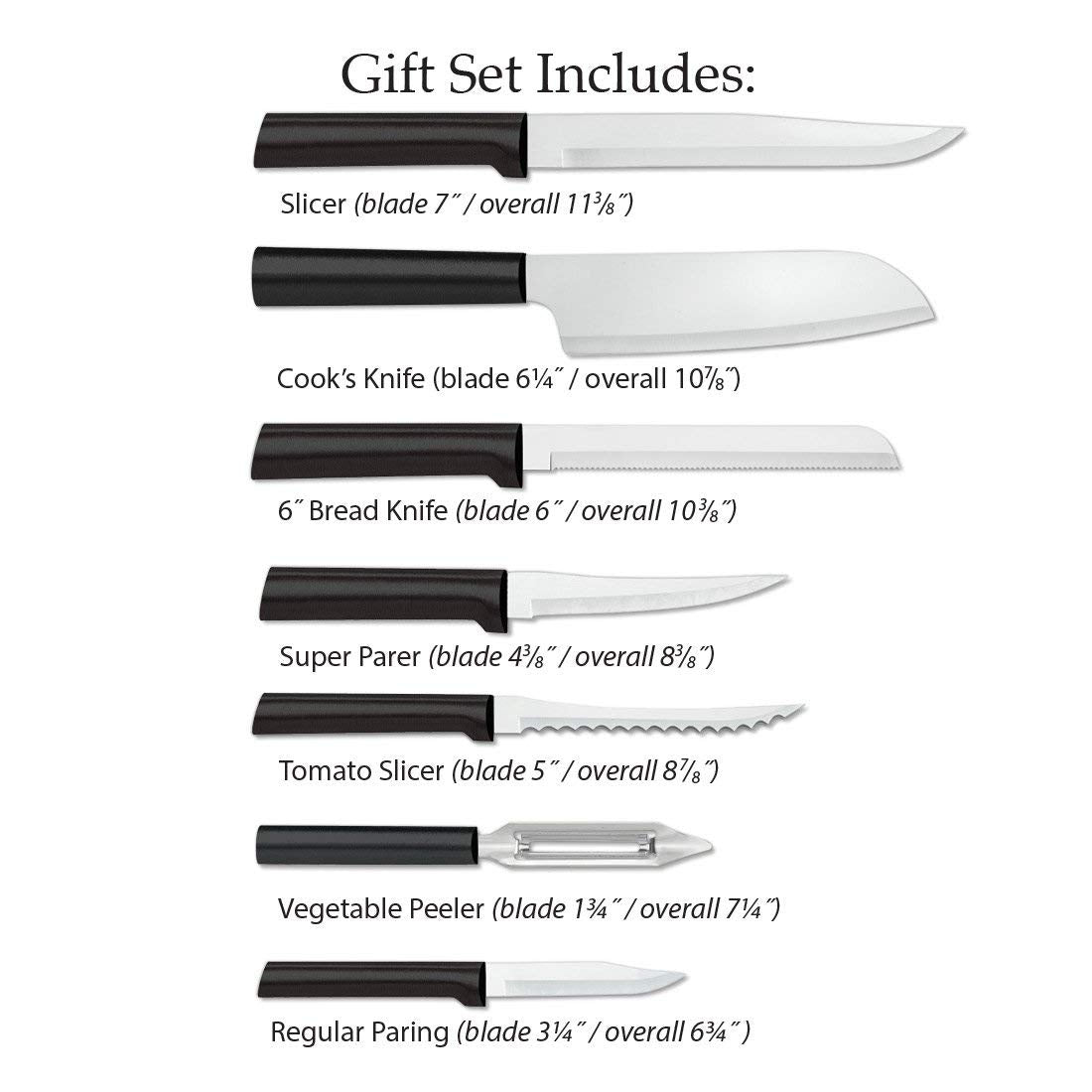 Rada Cutlery The Starter Gift Set (G238), 7-piece Knife Set with Quick Edge Sharpener (R119), Stainless Steel Blades, Black Handle