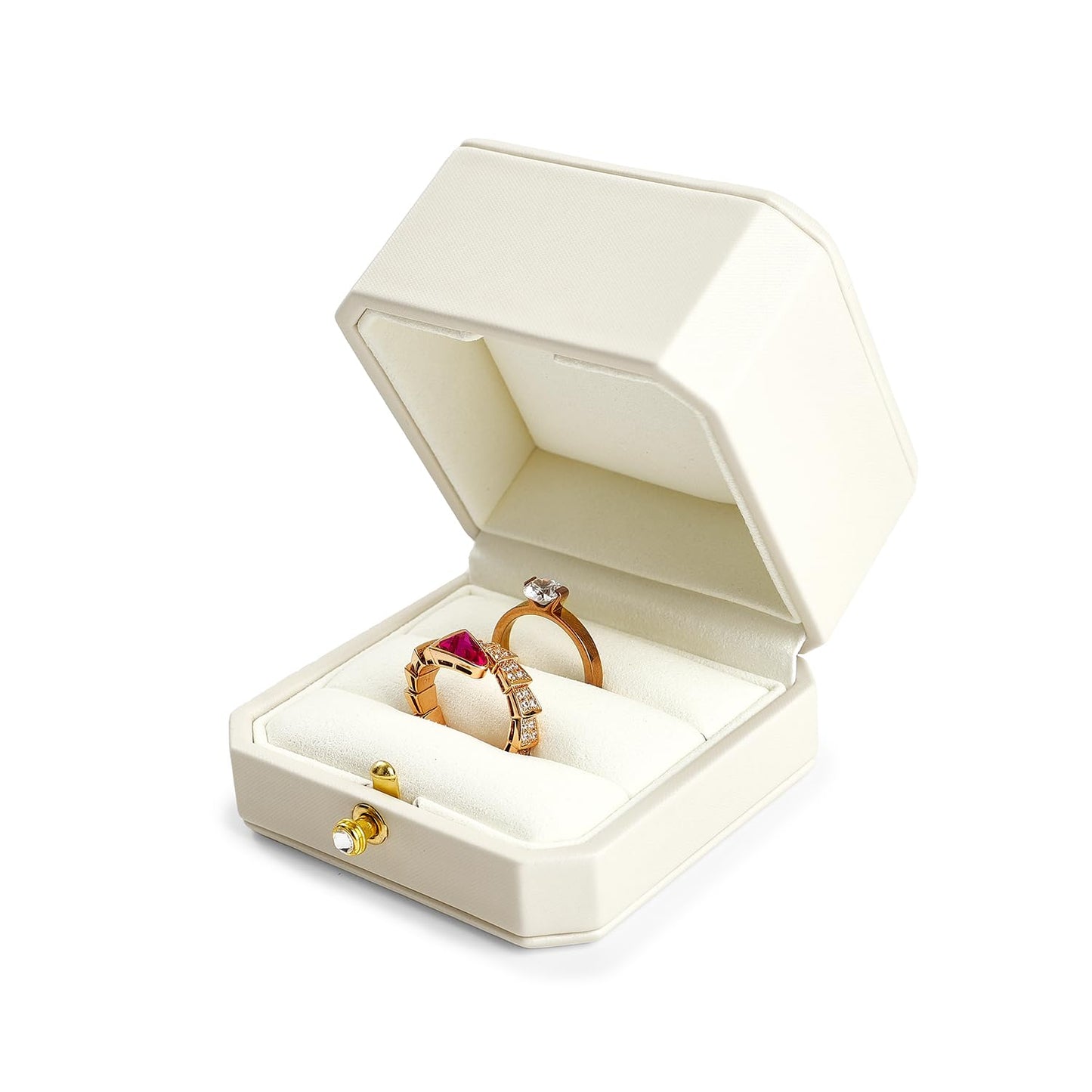 Oirlv Premium Leather Double Ring Box for Wedding Ceremony Engagement Ring Bearer Couple Jewelry Gift Box(White,Double)