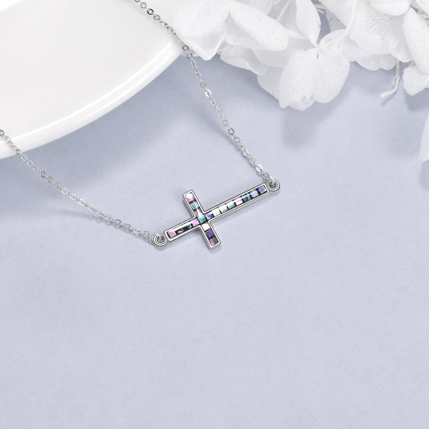 YFN Sideways Cross Necklace Sterling Silver Abalone Shell Cross Pendant Jewelry Gifts for Women Men