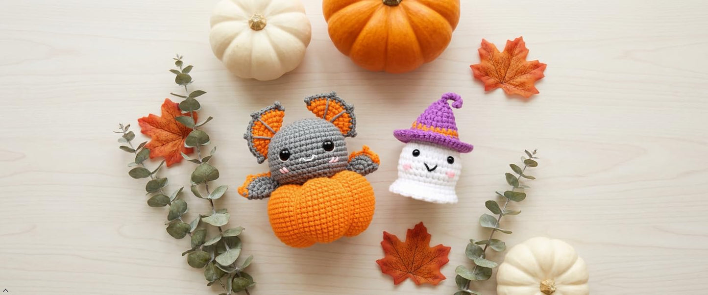 RongsiShun Halloween Crochet Kit for Beginners, Pumpkin and Ghost Amigurumi Set with Step-by-Step Video Tutorials, Extra Yarn & Hook, DIY Craft Gift for Adults Teens Kids