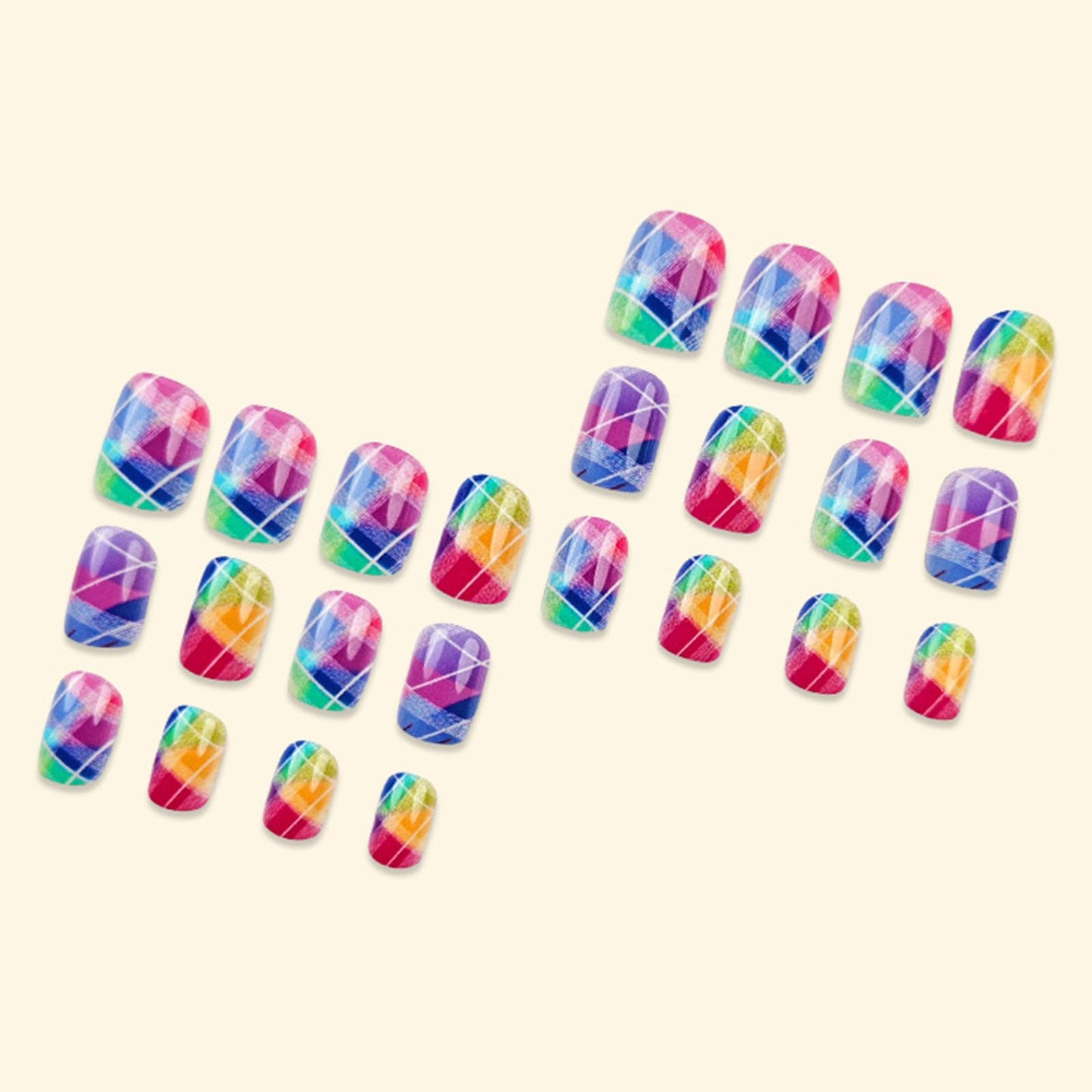 Rainbow Checkered Press on Nails Short Square Gradient Fake Nails with Designs 24Pcs Spring Summer False Nails Press ons Glossy Stick on Nail Reusable Artificial Glue on Nails for Women