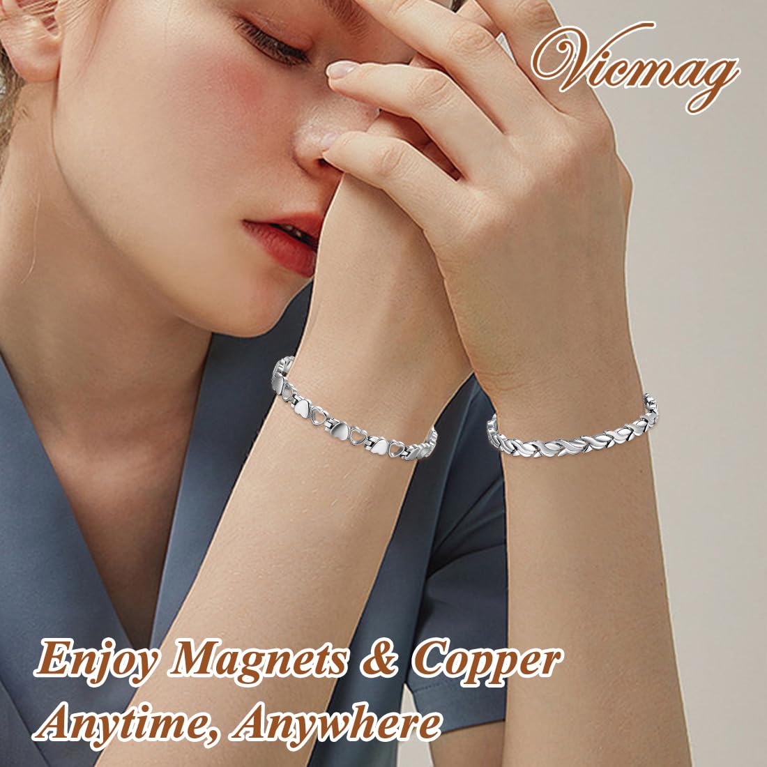 Vicmag Magnetic Titanium Bracelet for Women Steel Jewelry Gift with Adjustment Tool & Box(Silver Fishtail & Heart)