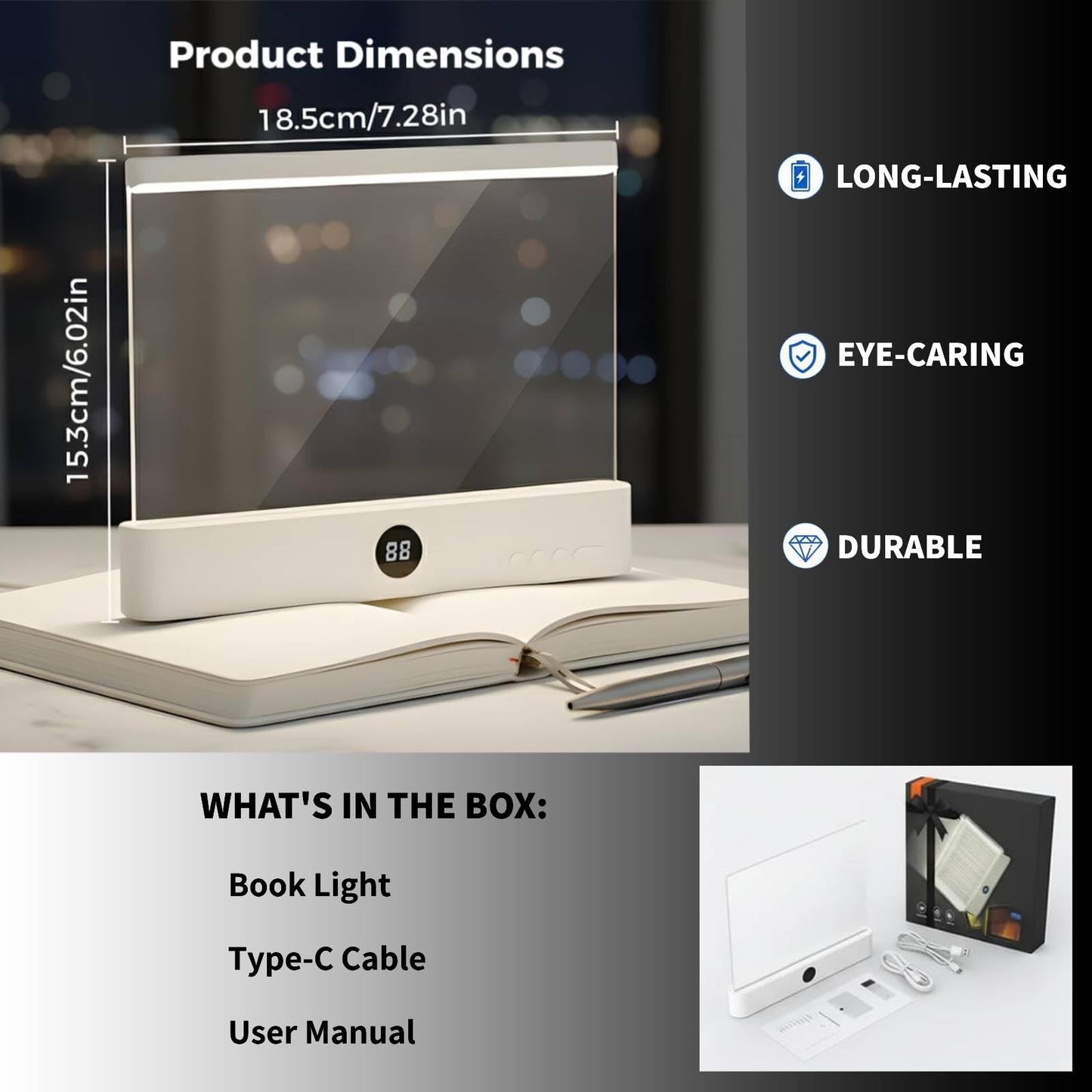 AAESG Book Lights for Reading at Night,Rechargeable LED Reading Light with 3 Colors & Timer, Eye Protection Dimmable Full Page Panel Plate Lamp Which Don't Disturb Your Partner's Sleep