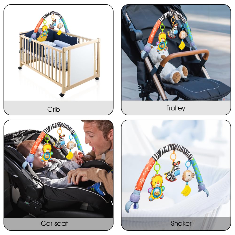 willway Adjustable Baby Travel Play Arch, Detachable Activity Musical Animal Toys Mobile for Bassinet Crib Stroller Pram Car Seat Mobiles Width Among 11.6-20.2 Inch with Rattles BB Squeaker Teether