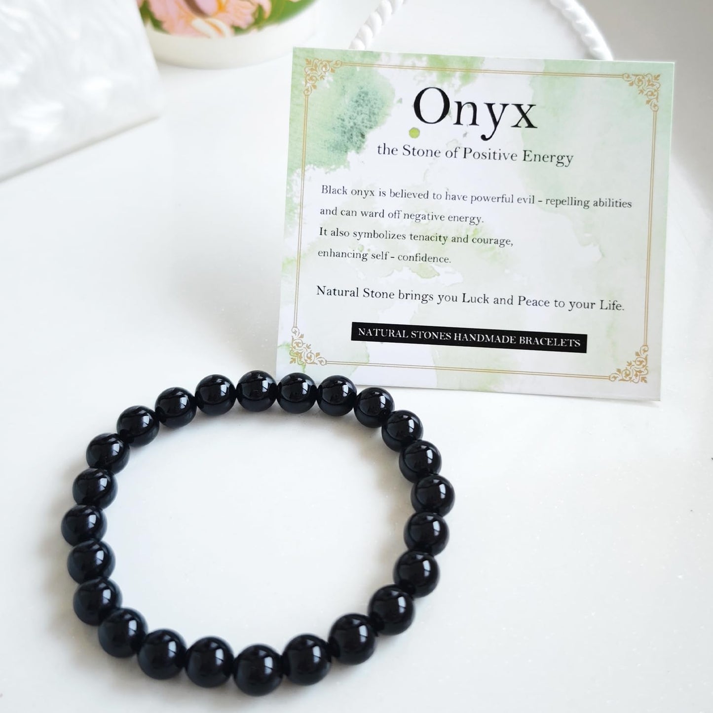 Handmade Natural Gemstone Elastic Bracelet - Healing Crystal Beads Jewelry, Unisex (Black Onyx, 8mm)