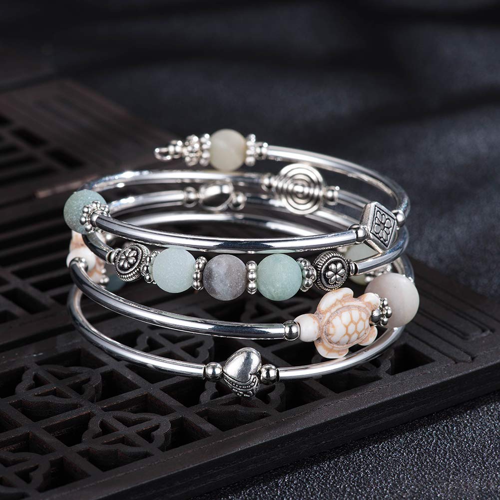 BULINLIN Layered Wrap Bangle Turquoise Bracelet - Bead Bracelet with Natural Agate Stone, Gifts For Women (17-Amazon Green turtle bracelet)