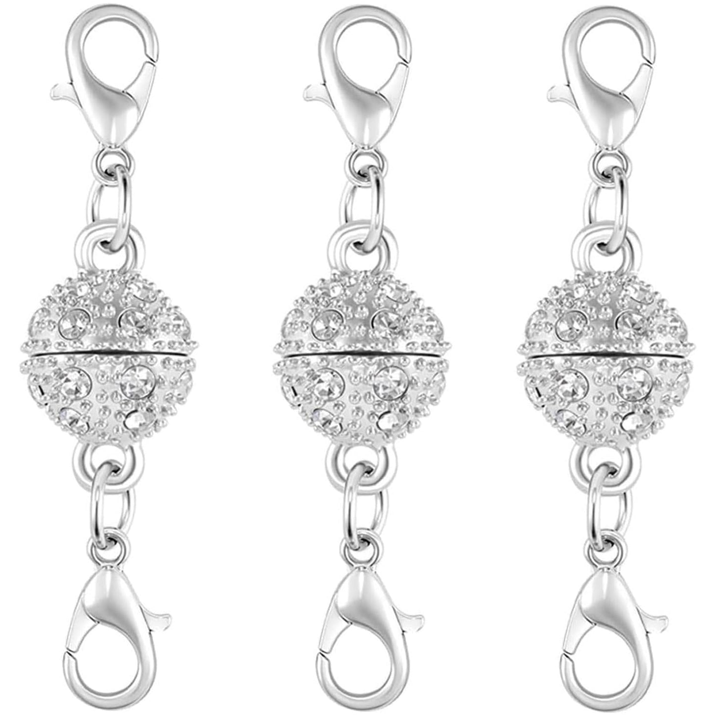 Magnetic Necklace Clasps, 18K Gold and Silver, Crystal Rhinestone Ball Connector with Lobster Clasp, Jewelry Extender for Necklaces, Bracelets (3pcs Silvery)