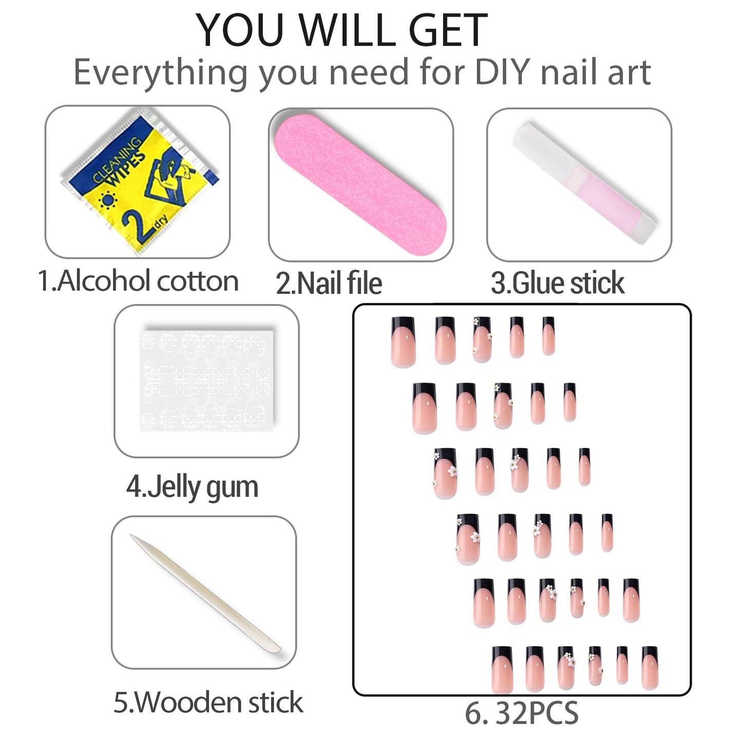 WAFOLOZE Black French Tip Press On Nails - Long Press On Nails Square Fake Nails with Small White Flowers, Artificial Nails 16 Sizes - 32Pcs False Nails Tips Kit, Stick On Nails for Women