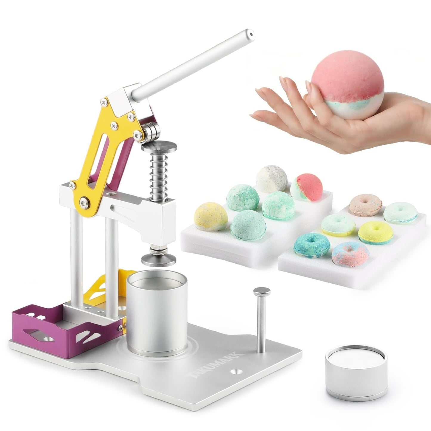 Bath Bomb Press Machine Easy Demolding Design Includes Premium Aluminum Bath Bombs Molds Home DIY Bath Bomb Making Kits for Shower Steamers and Shampoo Bars