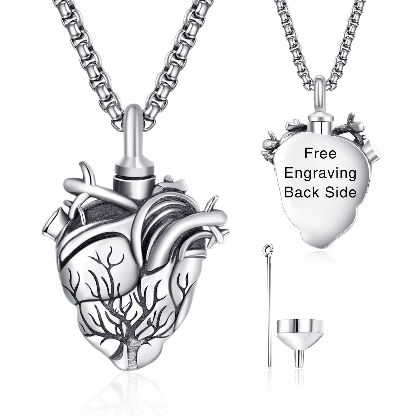 Personalized Tree of Life Urn Necklace for Ashes for Men Sterling Silver Cremation Jewelry for Ashes Engraved Anatomical Heart Urn Keepsake Pendant Memorial Gifts