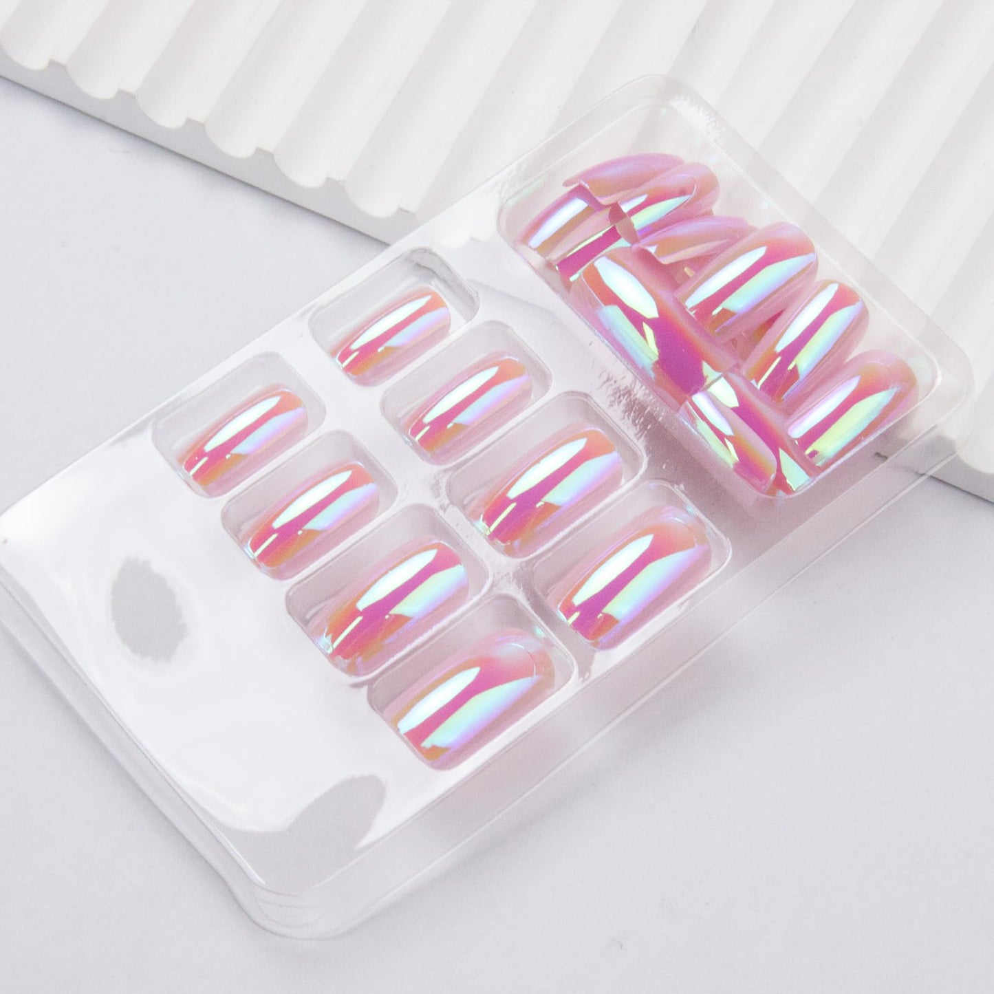 Chrome Press on Nails Medium Square Fake Nails Press ons with Glossy Holographic Gradient Acrylic Nails Metal Chrome False Nails Shiny Full Cover Glue on Nail for Women Manicure 24Pcs