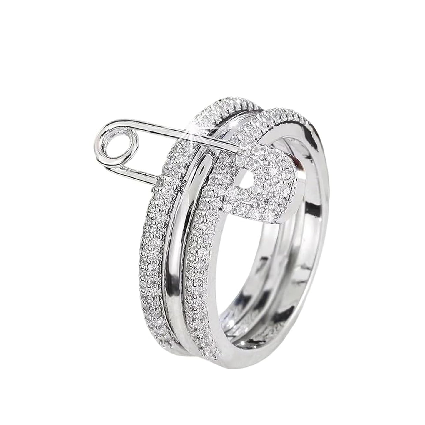 JONAYUOV Stackable Rings for Women, 3PCS Safety Pin Silver& Gold Cz Cubic Zirconia Rings Thumb Ring, Size 5-10 (Silver, 6)