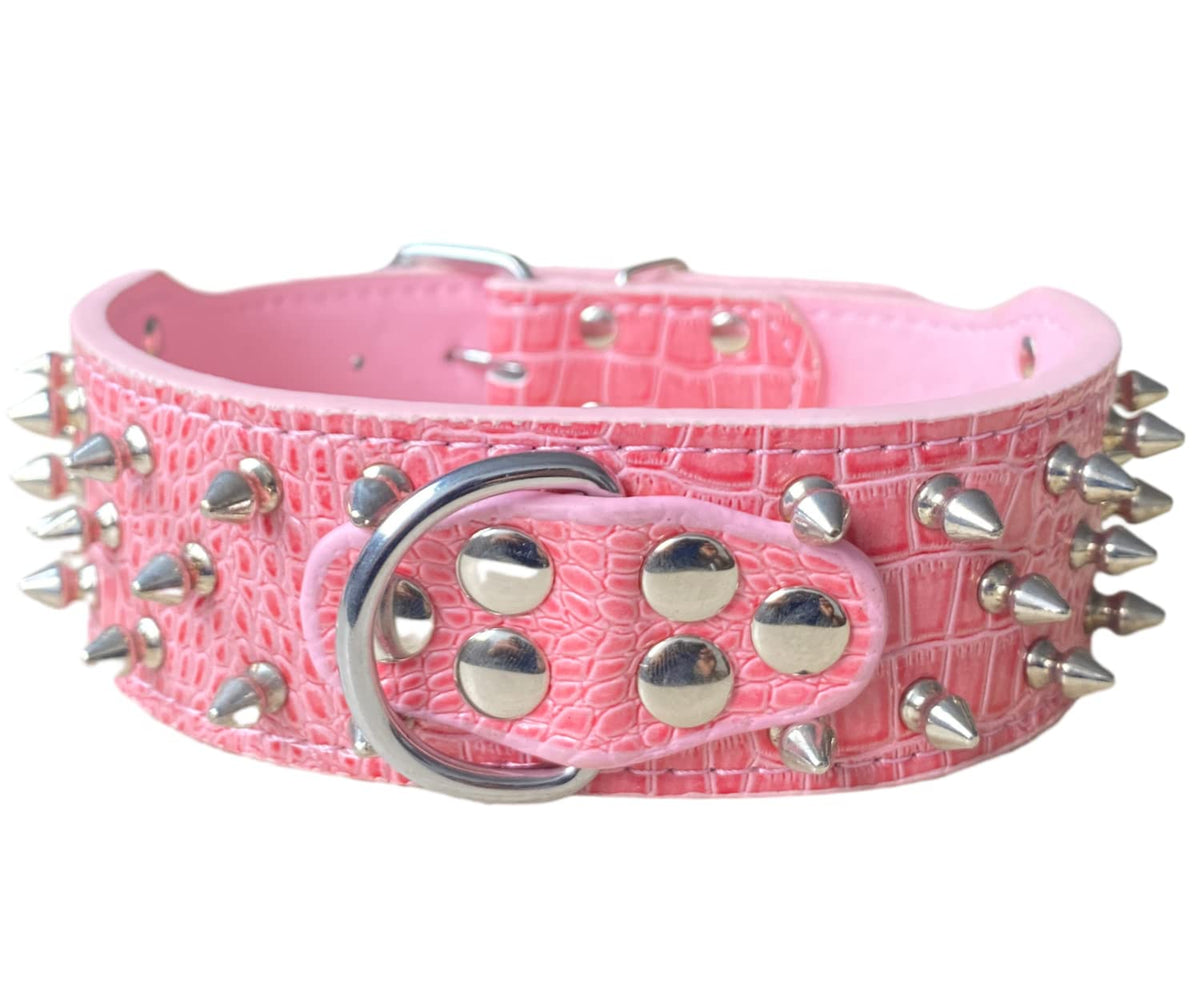 Serijoars Spiked Studded Dog Collar, PU Leather Dog Collar, Adjustable Pet Collars for Medium or Large Breed Pet (M, Pink)