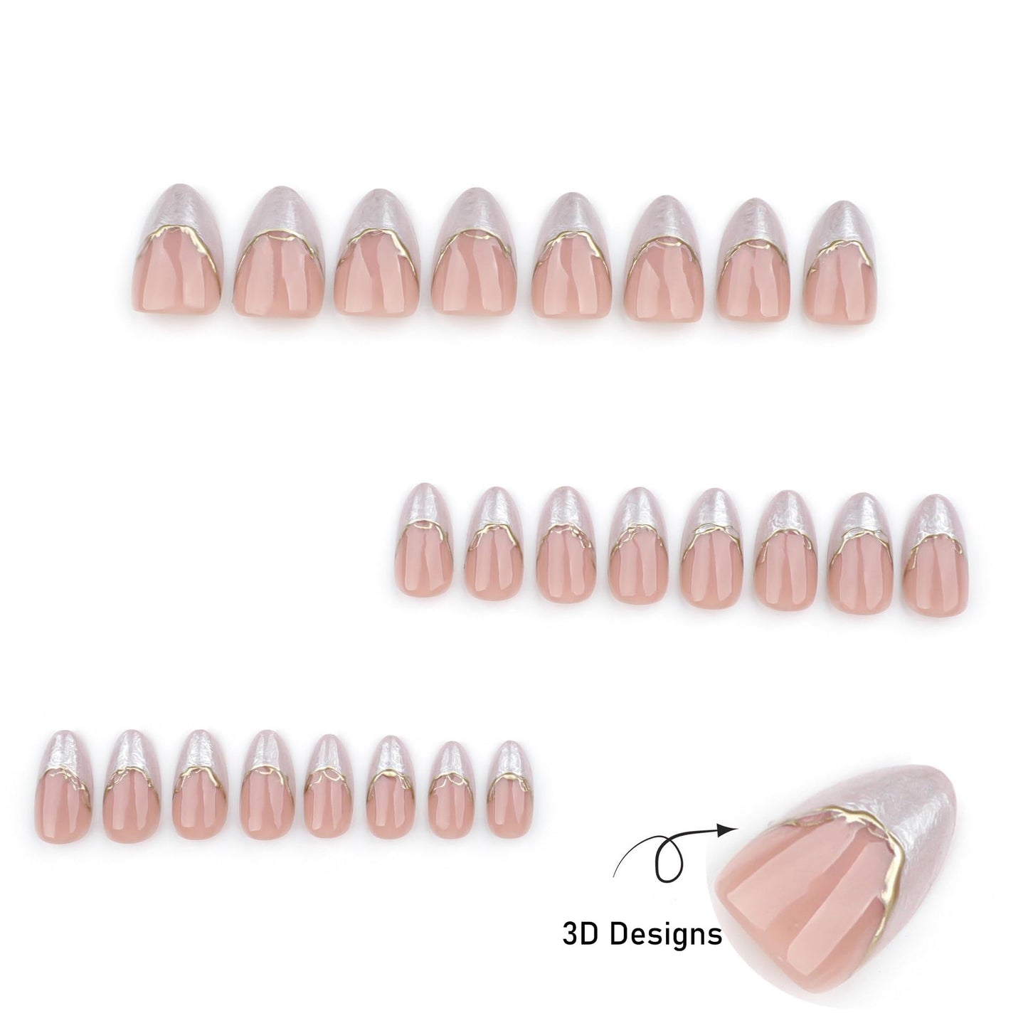 24Pcs Almond Press on Nails Medium White Smudge Fake Nails French Tip Acrylic False Nails with Gold 3D Stripe Designs Nude Pink Glue on Nails Reusable Fake Nails for Women