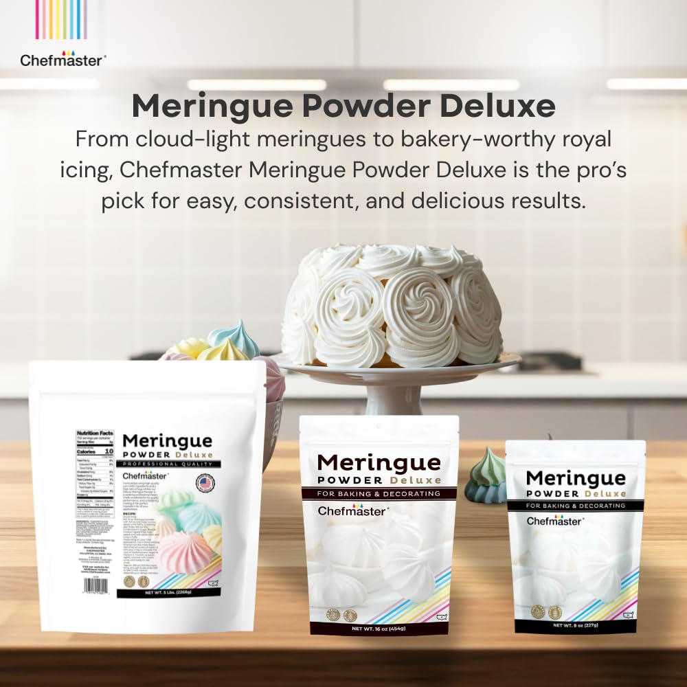 Chefmaster Meringue Powder Deluxe, Professional-Grade Egg White Substitute for Meringue Cookies, Pie Filling, Royal Icing, Non-GMO, Easy-to-Use, Made in USA, 5 lbs