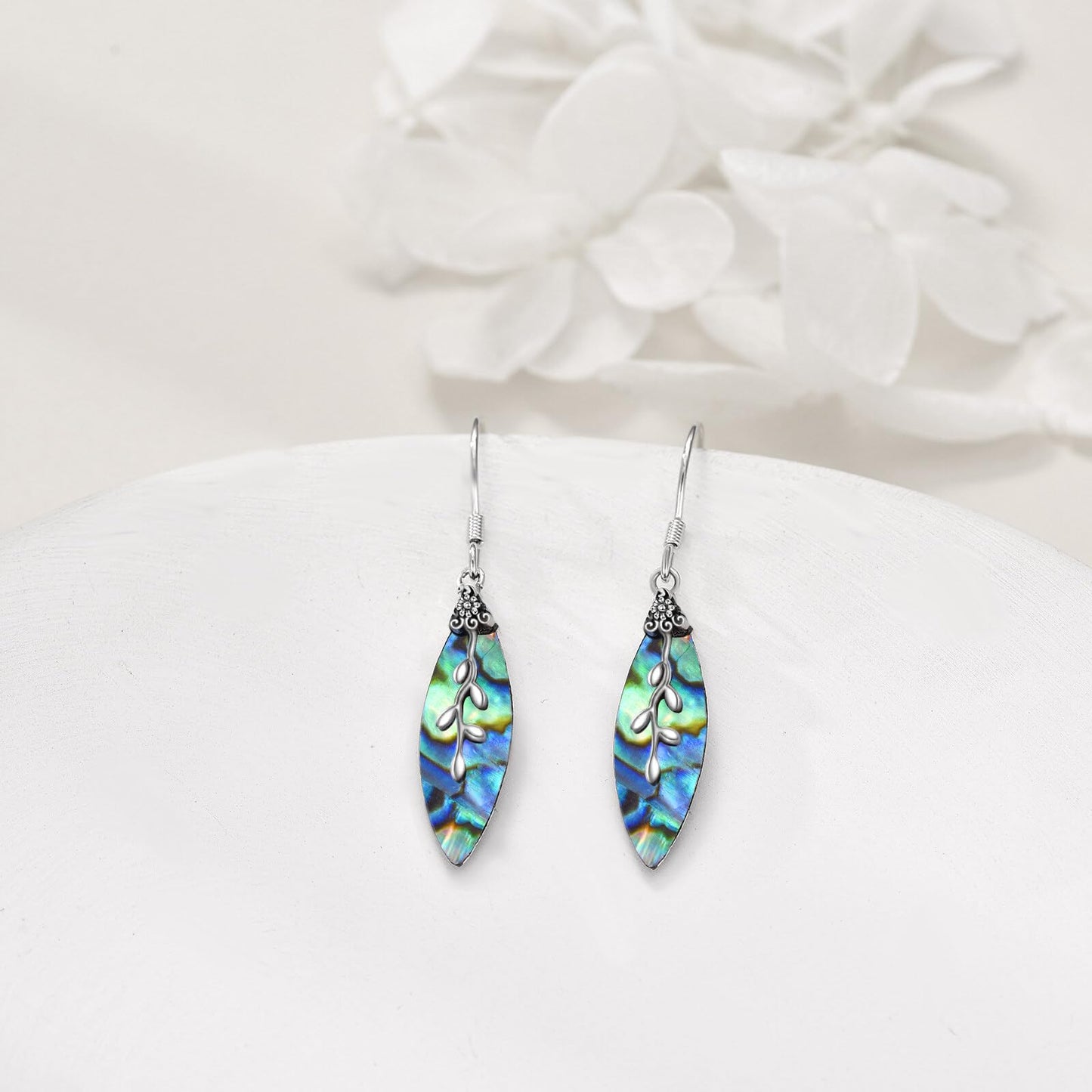 POPLYKE Teardrop Leaf Abalone Earrings for Women 925 Sterling Silver Leaf Earrings Dangle Leaf Jewelry Gifts Green Earrings