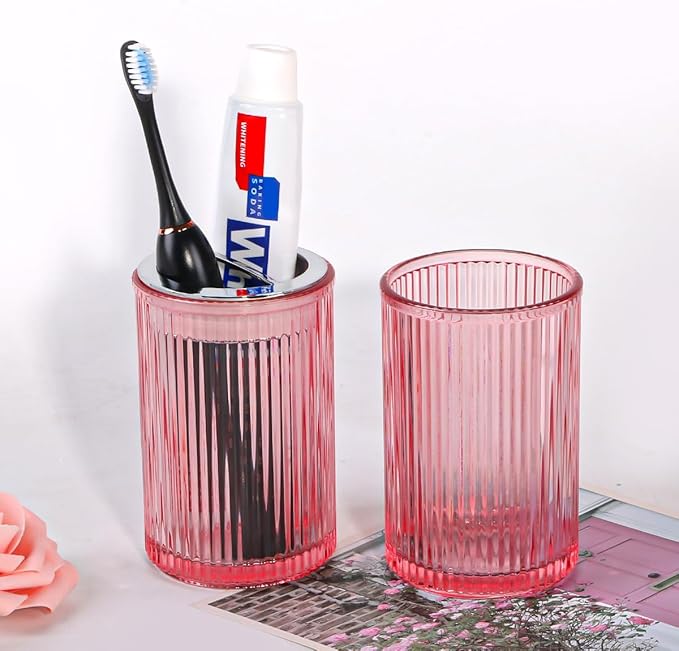 Pink Toothbrush Holders for Bathrooms, 2pcs Glass Toothbrush Holder and 12oz Bathroom Tumbler Cup Set, Silver Tooth Brush and Toothpaste Organizer for Bathroom Vanity Countertop