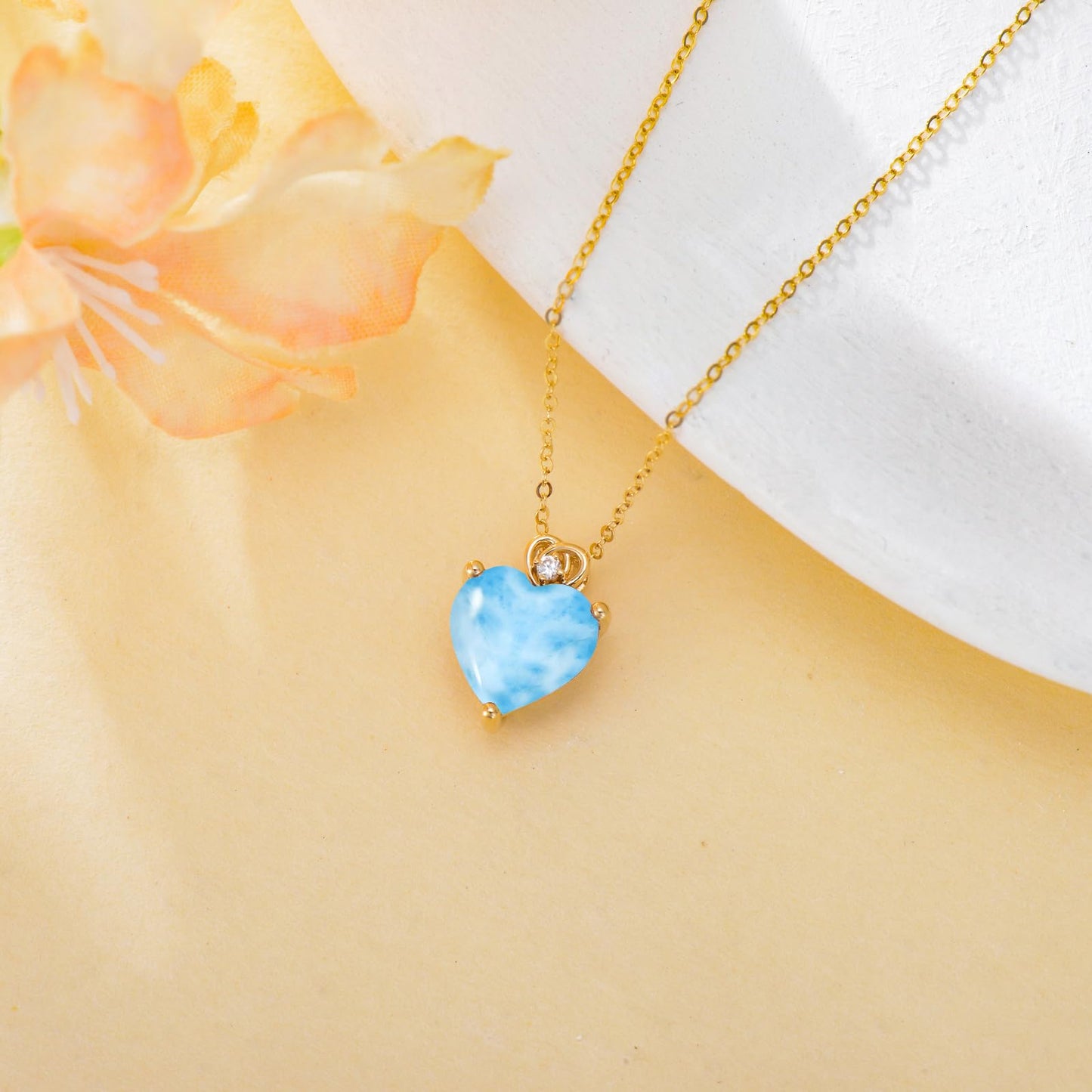 NFYBD 14k Gold Love Heart Larimar Birthstone Pendant Necklace for Women 3 Carat Heart-cut Created Gemstone Anniversary Birthday Mother's Day Necklaces for Her 16+1+1 inch
