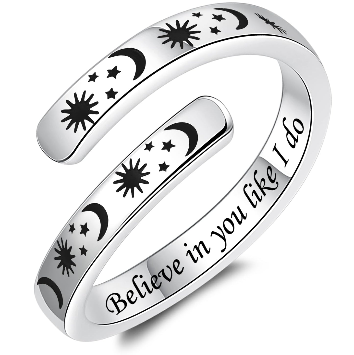 925 Sterling Silver Inspirational Jewelry Adjustable Wrap Open Ring Encouragement Gift for Women (Sun & Moon - Believe in you like I do)